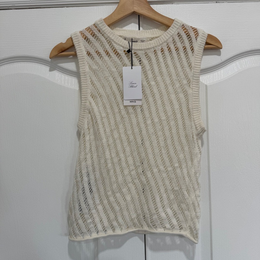 MANGO Womens Klaus Off White Open Knit Linen Blend Sleeveless Sweater Top Size M